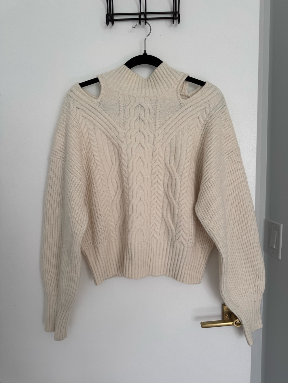 Express Cream Cable-Knit Cold-Shoulder Turtleneck Sweater